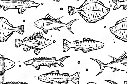 Seamless pattern of various fishes, hand drawn vector
