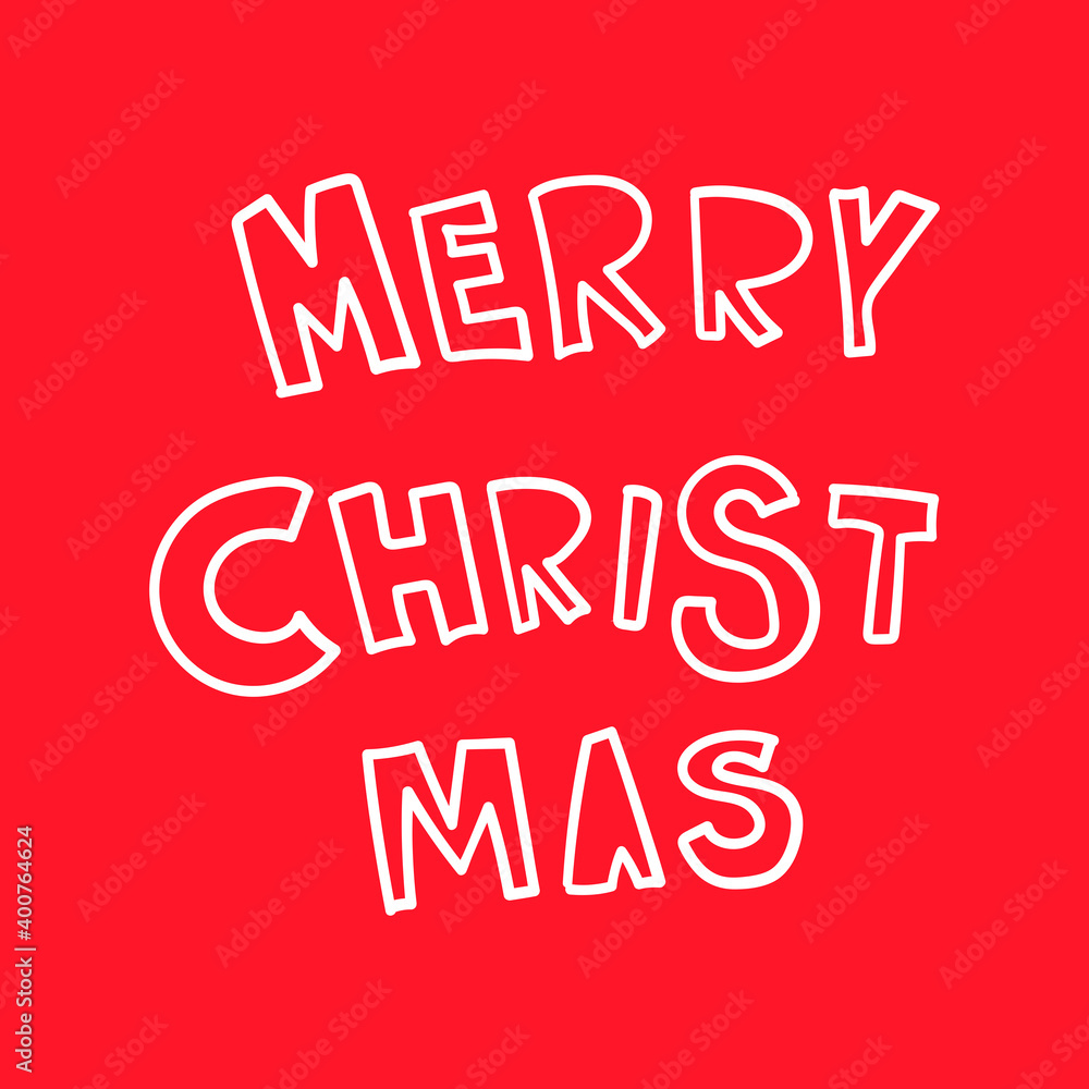 Merry Christmas cartoon style  lettering. Isolated on red background. Design for decor, cards, print, web, poster, banner, t-shirt.