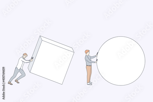Different business strategy comparison concept. Men businessmen cartoon characters carrying round and square forms trying to fins best solution and shape for development vector illustration 