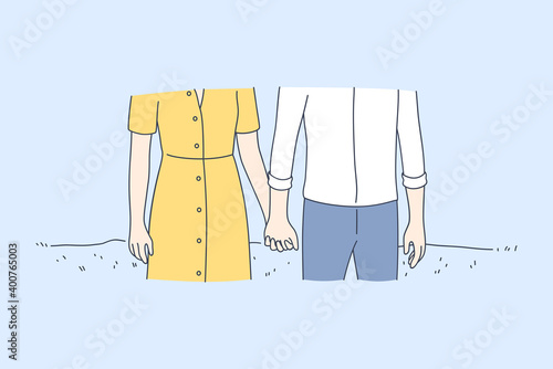 Holding hands, dating, couple togetherness concept. Young loving happy couple cartoon characters standing and holding hands outdoors during walk feeling love and tenderness illustration