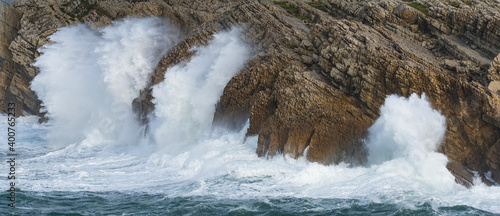 Swell and storm in the Hermitage of the Virgen del Mar in San Roman de la Llanilla in the Municipality of Santander. Cantabrian Sea. Autonomous Community of Cantabria. Spain. Europe