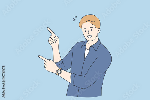 Positive emotions and gesturing concept. Young smiling man cartoon character wearing denim shirt standing looking at camera and pointing with two hands and fingers to side vector illustration 