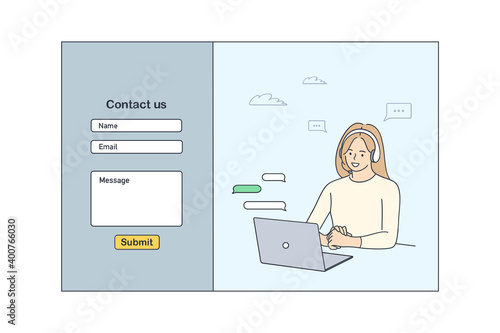 Contact us template form for web design concept. Young smiling woman customer service operator communicating with client at laptop. Helpdesk and customer support 