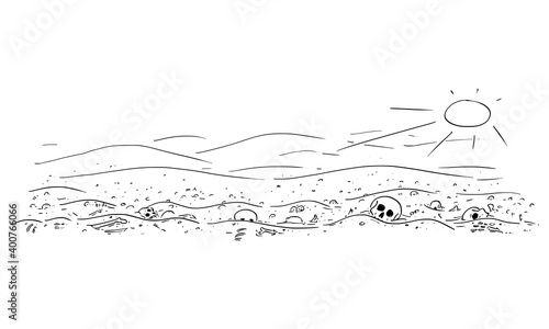 Vector cartoon drawing or illustration of abandoned desert landscape with bones and skulls. Concept of famine, epidemic, end of civilization or human extinction.