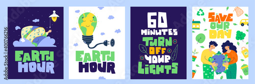 Earth hour banner set. Planet earth day. Turn off your light. 60 minutes.