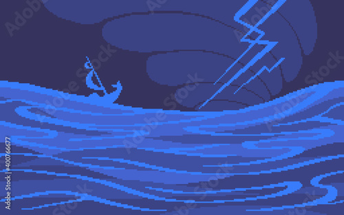 Pixel art game location. Thunderstorm at sea.