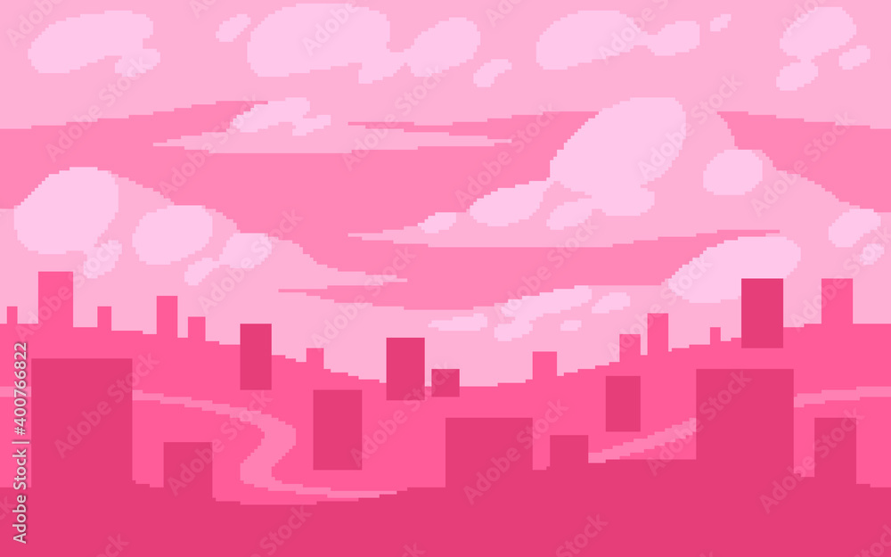 Pixel art game location. Dream town with fluffy clouds.