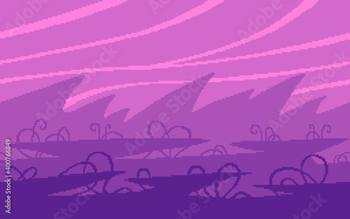 Pixel art game location. Sharp mountains and strange plants on an alien planet.