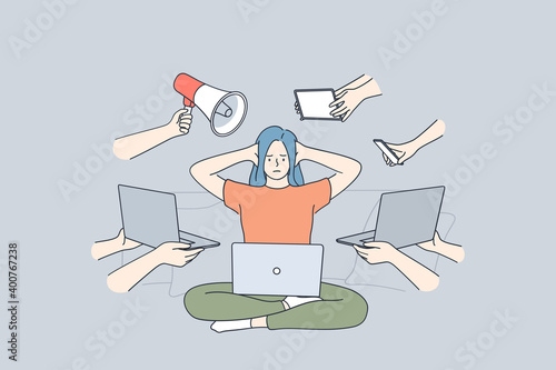 Multitasking, stress, business efficiency concept. Young frustrated stressed woman sitting with laptop covering ears with hands workaholic feeling too tired of many tasks for work 