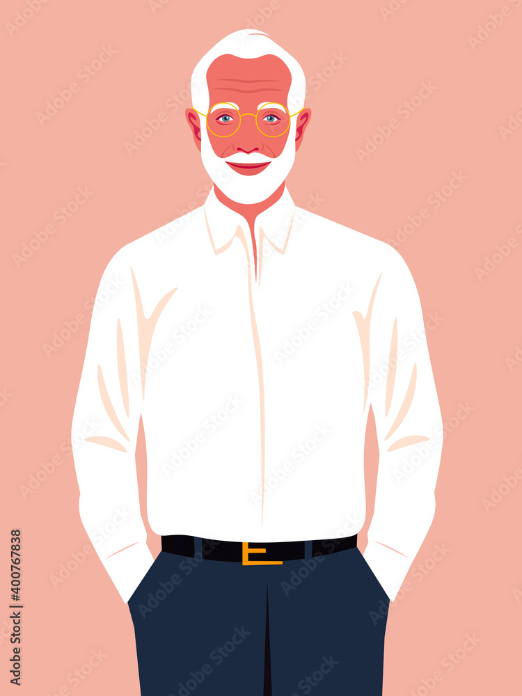 An elderly man holds his hands in his pants pockets. A happy businessman. A successful politician smiles. Vector flat illustration An elderly man holds his hands in his pants pockets. A happy businessman. A successful politician smiles. Vector flat illustration