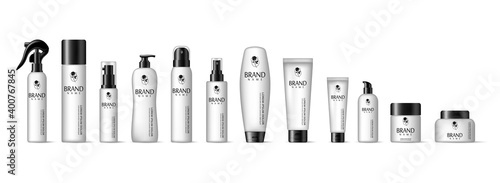 Shiny pearl white cosmetic set with different containers. Realistic 3d mockup of cosmetic package