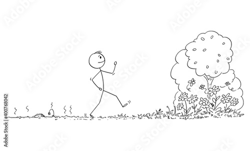 Vector cartoon stick figure illustration of man walking from place with dying plants, nature or ecosystem, dry or arid in forest with blooming flowers and trees.