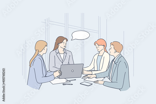 Teamwork, brainstorm, business communication concept. Group of positive young business people office workers partners sitting in office with laptop and discussing projects and collaborating 