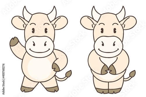 Cattle character greeting. Vector illustrations set. 