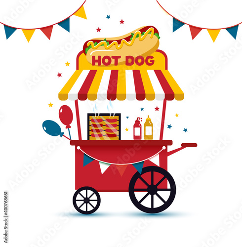 Retro hot dog cart mobil fast food vector flat illustration