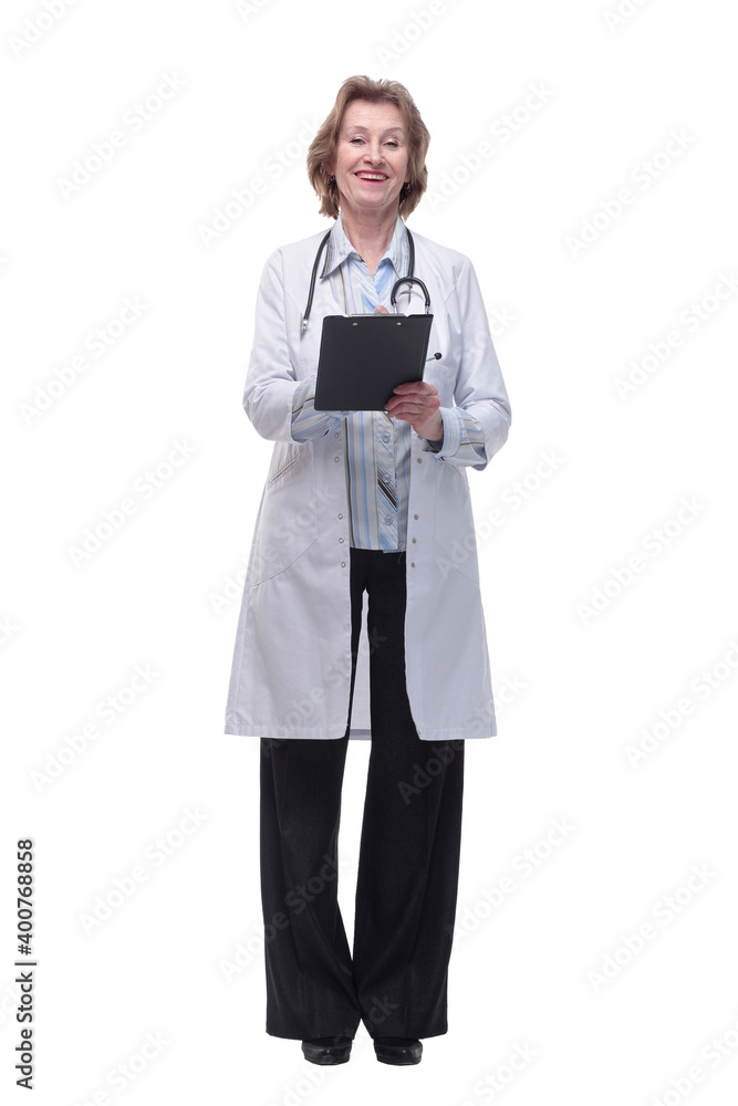 Happy doctor with stethoscope writing on clipboard, isolated Happy doctor with stethoscope writing on clipboard, isolated