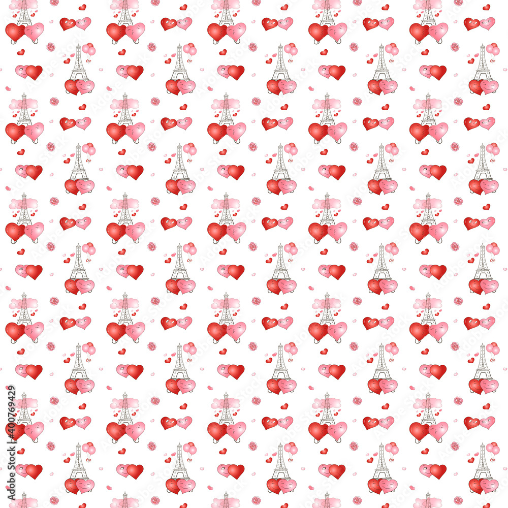  Pattern with cute characters hearts, tower, roses, balloons.