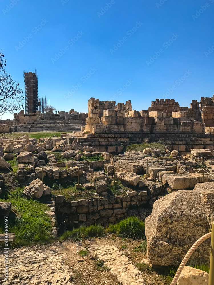 Roman ruines of ancient Heliopolis in Baalbek. Blue sky. Copy space