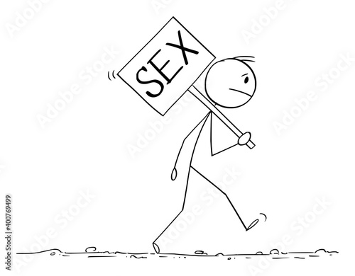 Vector cartoon stick figure illustration of stressed, frustrated, sad or tired man walking with sex sign. Healthy or lifestyle problem.