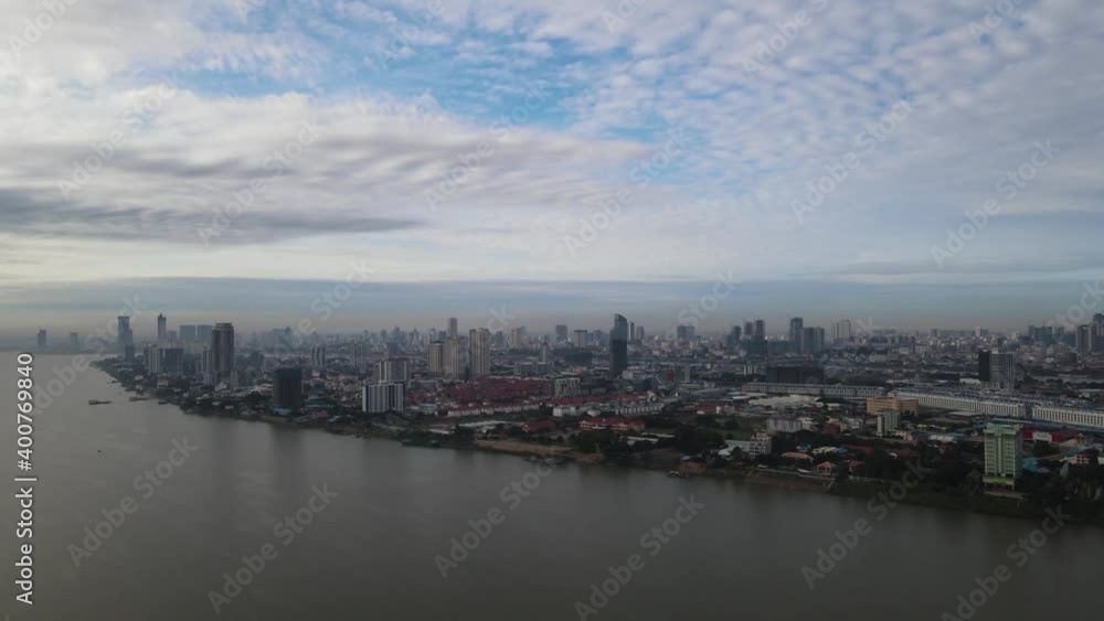 Phnom Penh city skyline and Chroy Changvar along the Mekong river in Cambodia, drone footage moving fowards 2-2 Phnom Penh city skyline and Chroy Changvar along the Mekong river in Cambodia, drone footage moving fowards 2-2