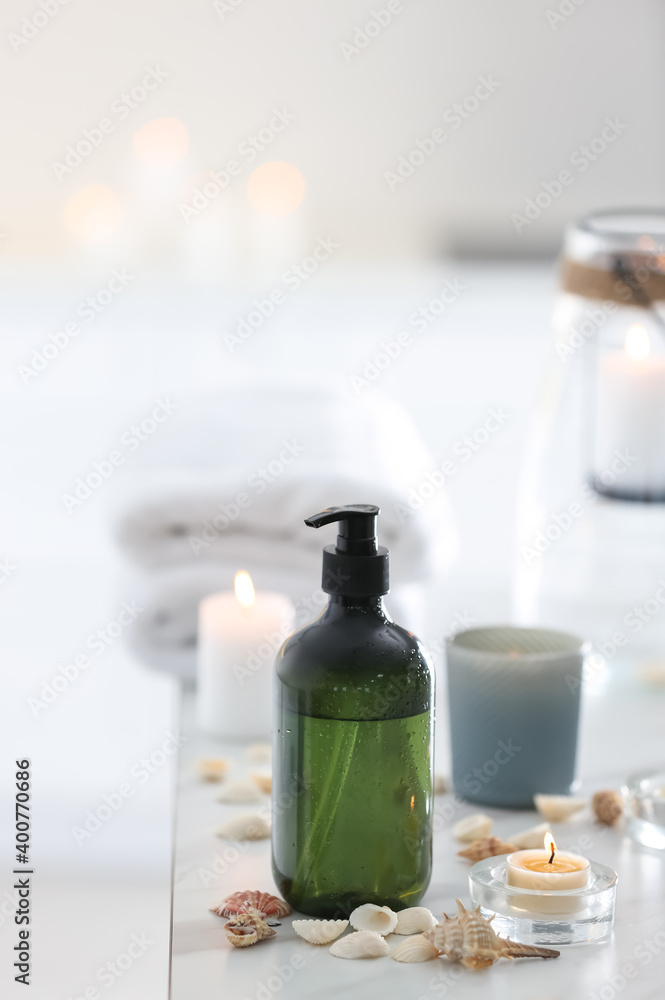 Soap dispenser and decor elements on table Soap dispenser and decor elements on table