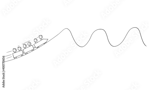 Vector cartoon stick figure illustration of group of people or businessmen riding on economical or financial roller-coaster facing crisis, chaos, high volatility of market in future.