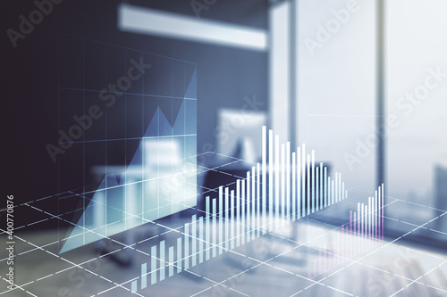 Multi exposure of abstract creative financial chart and modern desktop with laptop on background, research and analytics concept