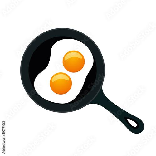 Traditional breakfast - two fried eggs on black pan isolated on white background. Vector illustration