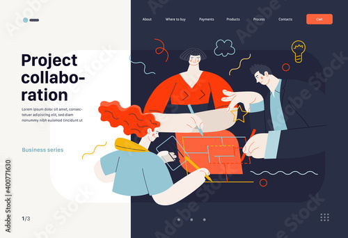 Business topics - project collaboration, web template. Flat style modern outlined vector concept illustration. A group of people working on the project drawing it together. Business metaphor.