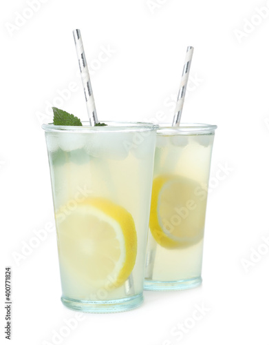 Natural lemonade with mint on white background. Summer refreshing drink