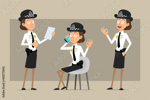 Cartoon flat funny british policeman woman character in black hat and uniform with badge. Girl talking on phone and showing thumbs up. Ready for animation. Isolated on gray background. Vector set.