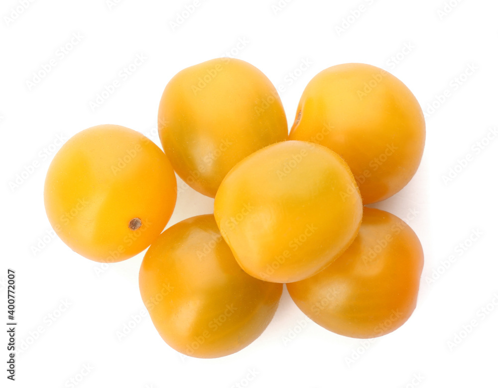 Delicious ripe yellow tomatoes isolated on white, top view