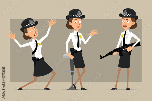 Cartoon flat funny british policeman woman character in black hat and uniform with badge. Girl holding rifle and posing on photo. Ready for animation. Isolated on gray background. Vector set.