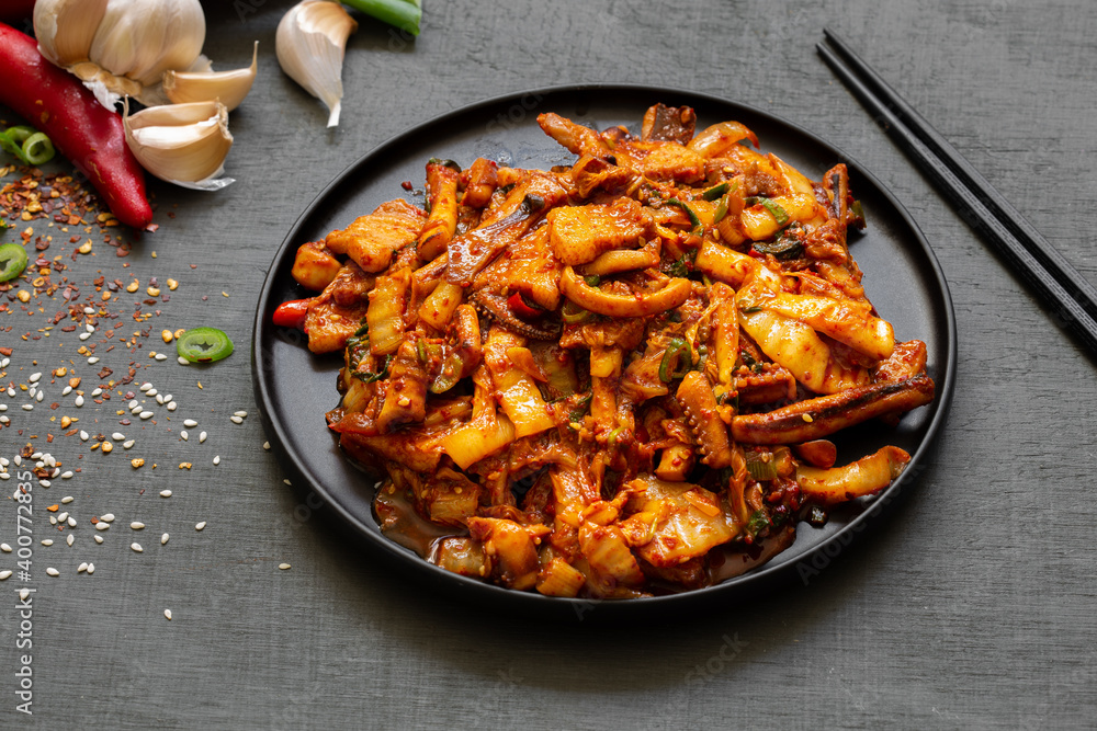 Korean Style Spicy Squid with Pork which is called Ohsambulgogi Korean Style Spicy Squid with Pork which is called Ohsambulgogi