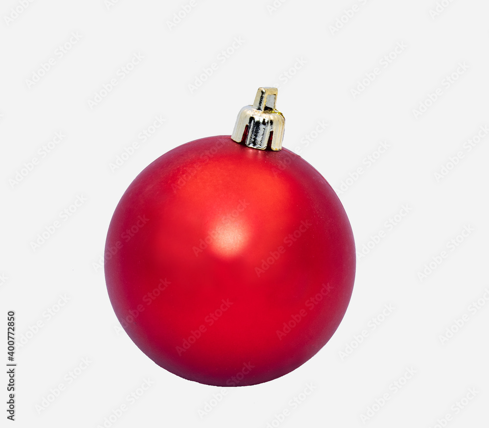 Red, shiny surface Christmas bauble isolated on white background. Decoration ball for celebration. Space for copy Red, shiny surface Christmas bauble isolated on white background. Decoration ball for celebration. Space for copy
