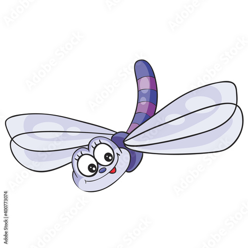 cute lilac dragonfly character, cartoon illustration, isolated object on white background, vector illustration,