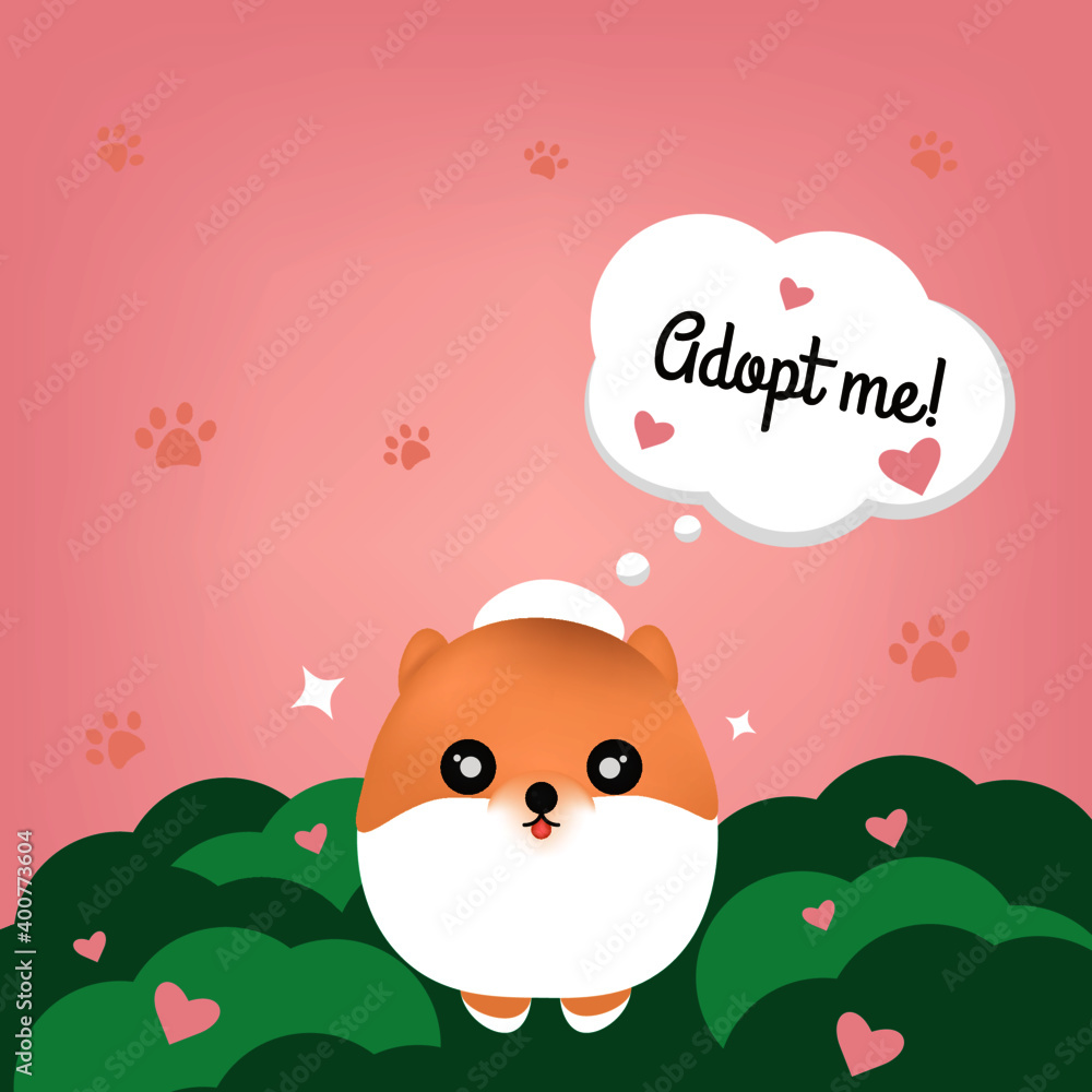 Adopt a pet, cute pomeranian on pink background with paws.
Adopt a pet, cute pomeranian on pink background with paws.