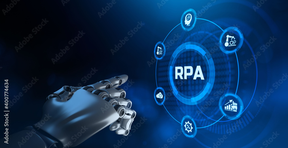 Fototapeta premium RPA Robotic process automation innovation technology concept. Robot pressing virtual button. 3d rendering.