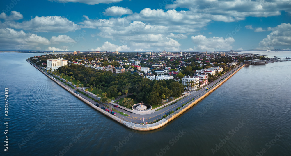 Fototapeta premium Charleston skyline with blue sky and clouds
