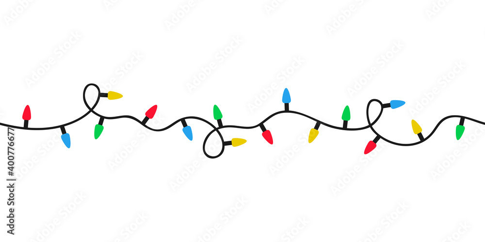 Seamless string of Christmas light garland. Xmas lights bulbs in flat style. Colored seamless garlands for holiday decoration. Vector illustration.