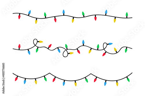 Christmas lights garland. Set of xmas lights bulbs in flat style. Color garlands for holiday decoration. Vector illustration.