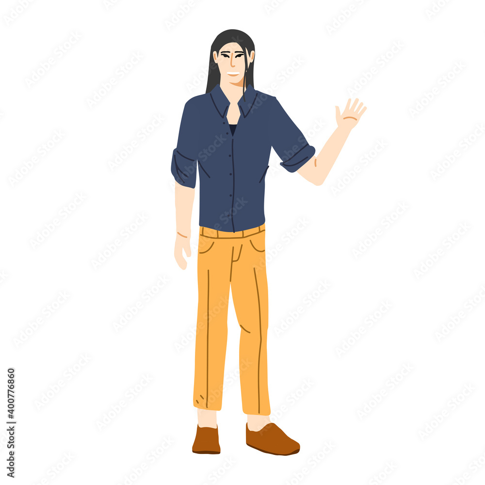 Fashionable asian man waving hand. Young fashionable guy in shirt and trousers. Modern casual look. Flat cartoon vector illustration.