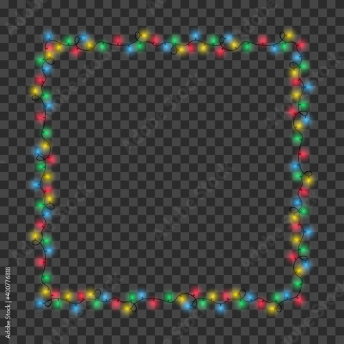 Frame made of Christmas light garland. Color square border garlands for holiday decoration. Realistic Xmas lights bulbs frame at transparent background. Vector.