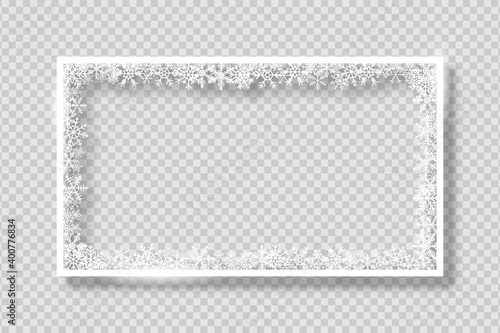 Frame with white snowflakes. Banner for Merry Christmas and New Year text or photo. White rectangle border with snowflake on transparent background with shadow. Vector.