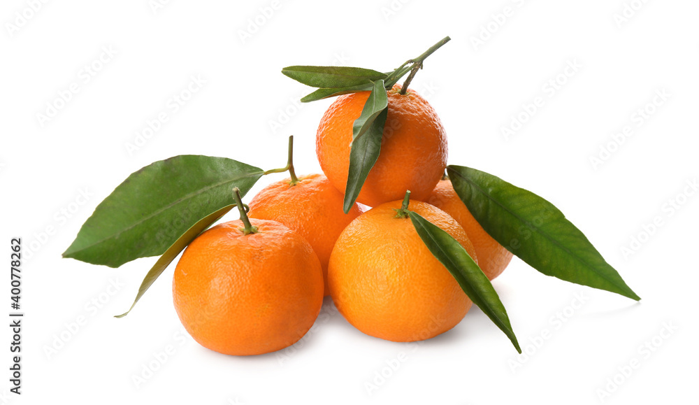 Fresh ripe tangerines with green leaves on white background Fresh ripe tangerines with green leaves on white background