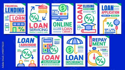 Loan Finance Creative Promotion Posters Set Vector. Loan Advisor Consultant And Calculator, Online Application And Repayment Advertising Banners. Concept Template Style Color Illustrations