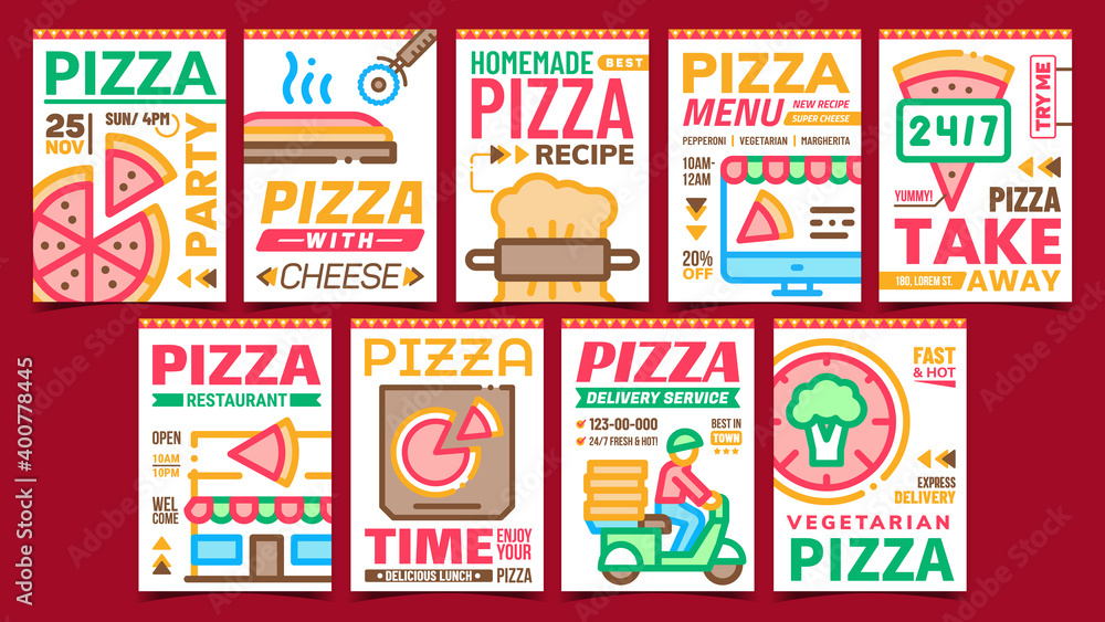 Naklejka premium Pizza Meal Creative Promotion Posters Set Vector. Vegetarian And Cheese Pizza, Restaurant And Menu, Delivery And Take Away Service, Advertising Banners. Concept Template Style Color Illustrations