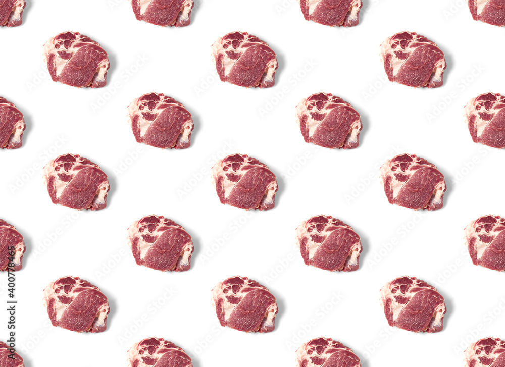 Seamless Pattern with raw pork meat slices on white background, food pattern Seamless Pattern with raw pork meat slices on white background, food pattern