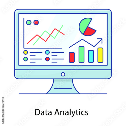  Data analytics flat outline icon, business analysis 