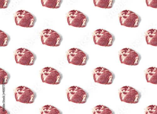 Seamless Pattern with raw pork meat slices on white background, food pattern